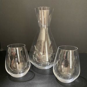 Spiegelau Carafe Decanter and 2 Stemless Wine Glasses Clear Glass Signed